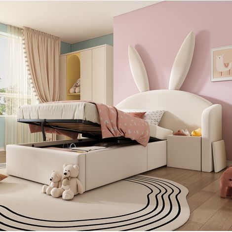Cama juvenil con almacenaje (216x149x143 cm), cabecero con orejas y mesita, sistema hidráulico, terciopelo beige (1/5)