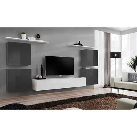 Ensemble mural - Switch IV - 1 vitrine - 1 banc TV - 2 étagères - Blanc et graphite - Modèle 2 - Livraison gratuite