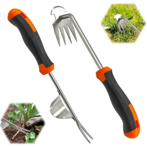 Set di 2 estrattori manuali per erbacce in acciaio inossidabile, estrattore per erbacce, attrezzo manuale per diserbo con manico in gomma, attrezzi da giardinaggio per scavare, diserbare e smuovere il (1/4)