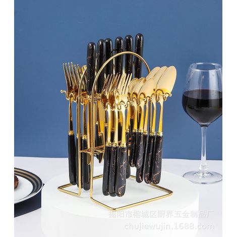 Ensemble de 24 couverts noir à bordure dorée en acier inoxydable et céramique avec cuillères fourchettes couteaux pour steak cuisine occidentale (1/4)
