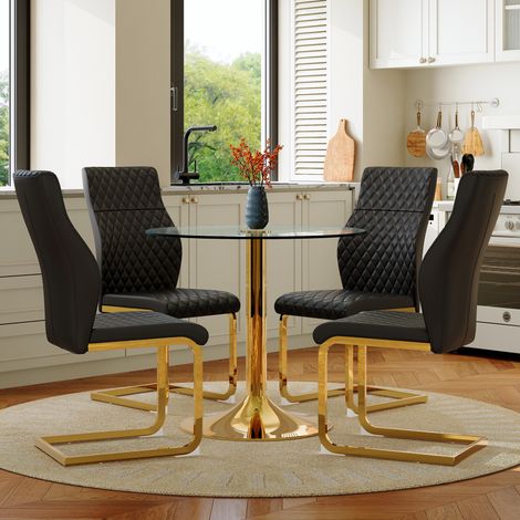 Table ronde verre trempé 85cm avec 4 chaises salle à manger noires et dorées, piètement métal doré