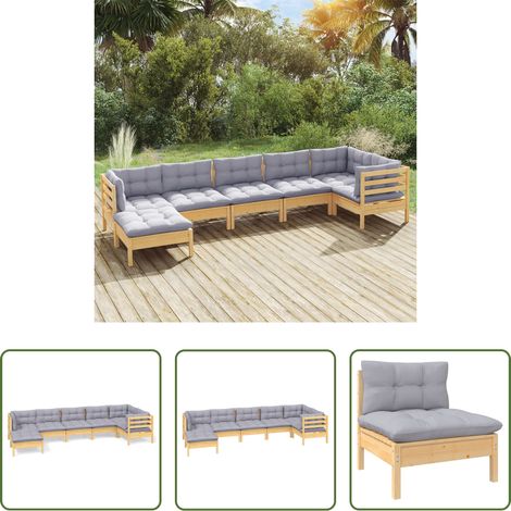 Terrassensofa - 7-tlg. Garten-Lounge-Set mit Grauen Kissen Kiefer Massivholz (1/5)