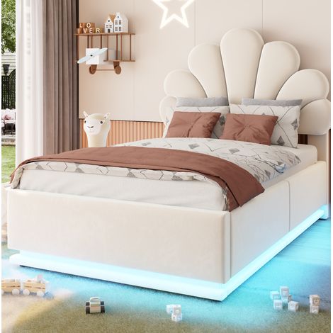 Letto contenitore 90 x 200 cm con testiera a fiore, LED e struttura metallica beige OKMYHOME (1/5)