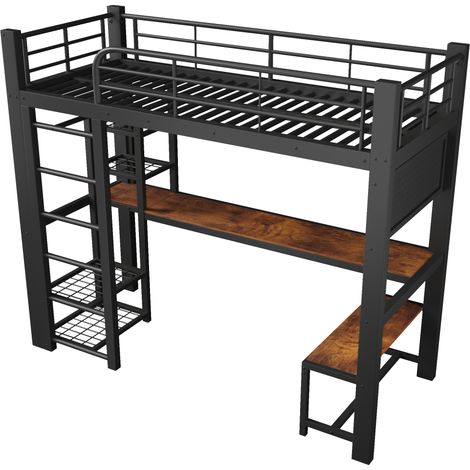Letto a soppalco 90 x 200 cm in metallo nero con LED, scrivania, ripiani e asta (1/5)