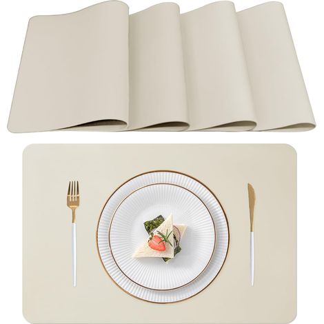Set mit 4 waschbaren Tischsets aus PU-Leder, 43 x 30 cm, hitzebeständig und rutschfest, geeignet für Küchen- und Esstische, beige.