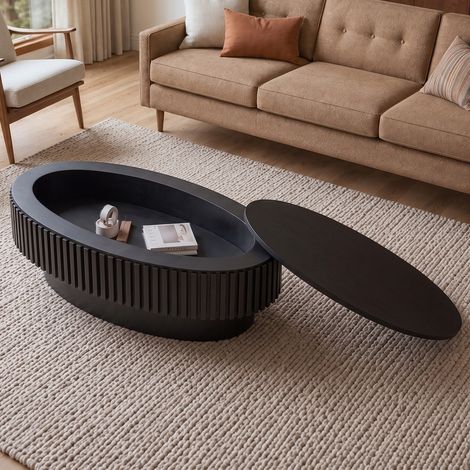 Ovaler Couchtisch 98 x 60 cm mit verstecktem Stauraum, Mattschwarz OKMYHOME (1/5)