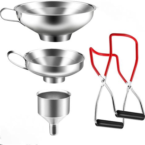 Ulisem Edelstahl-Trichter-Set, Küchen-Marmeladentrichter mit Glasheber, Marmeladen-Fülltrichter mit Griff, Einmachzange und Glasheber zum Einmachen zum Umfüllen von Flüssigkeiten, Gewürzen (1/5)