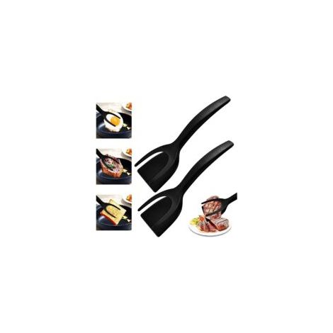 Küchenspatel, Zange, 2-in-1-Spatel zum Wenden von Eiern, antihaftbeschichteter Mehrzweck-Küchenlöffel für Brot, Fisch, Crêpes, Toast, Küchenhelfer (2-teilig/Schwarz) - Crezuo