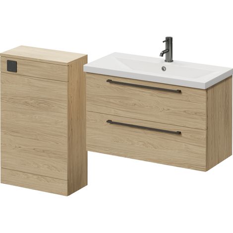 Napoli 390 Light Oak 1300mm Wall Mounted 2 Drawer Vanity Unit and Toilet Suite with Glide Basin - 1300mm - Gunmetal Grey 480mm HandleWithout Kingston Toilet Pan