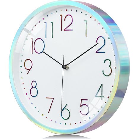 Horloge Murale Argenté Multicolore Design Moderne, Chiffres 3D Colorée Pendule Murale Silencieuse, Originale Créatif sans Tic-tac Deco Facile à Lire pour Salon Chambre Bureau Cuisine 30cm (1/5)