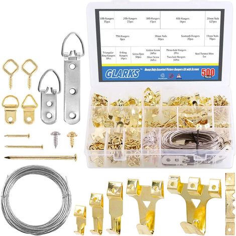 500Pcs Crochet Robuste Avec Clous Kit Pour Cadre Photo 4KG à 34KG, Crochets de suspension d'image sur matériel, fil de suspension, œillets à vis, anneau en D et cintre en dents de scie (1/5)
