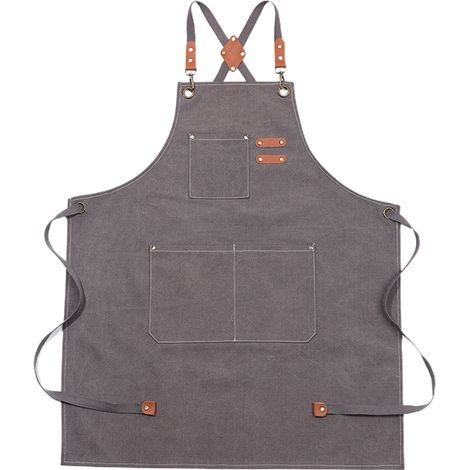 Tablier en coton à dos croisé pour hommes et femmes, avec grandes poches, tablier de travail ajustable, dimensions approximatives : 75 x 68 cm, gris (1/5)