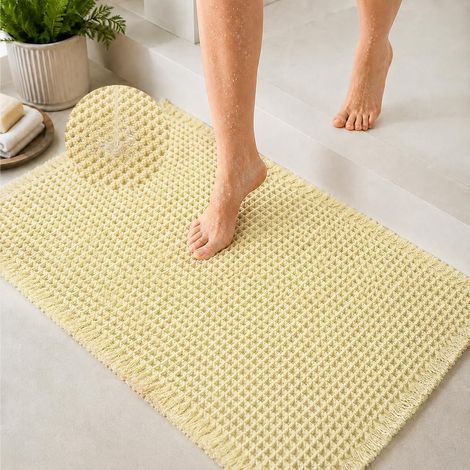 Tapis de Bain antidérapant 60 x 90 cm, à Motif Waffle en Microfibre Extra Doux, Super Absorbant, Sèche Rapide, Lavable en Machine, pour Salle de Bain, Douche, Toilette, Beige (1/5)