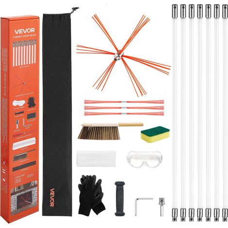 Kit de Ramonage 7 m Brosse Ramonage Cheminée Extensible Outil de Nettoyage Flexible 90° pour Conduits de Cheminées Carrées Rectangulaires Arquées, avec Poils de Rechange, Lunettes de Protection (1/5)
