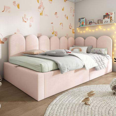 Lit coffre enfant 90x190 cm avec rangement, sommier à lattes métalliques, en velours, sans fond, sans matelas, rose