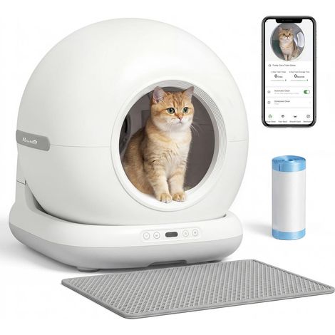 Litière Autonettoyante pour Chat Maison de Toilette Connectée avec Caméra HD Bac 7L Blanc et Gris (1/5)