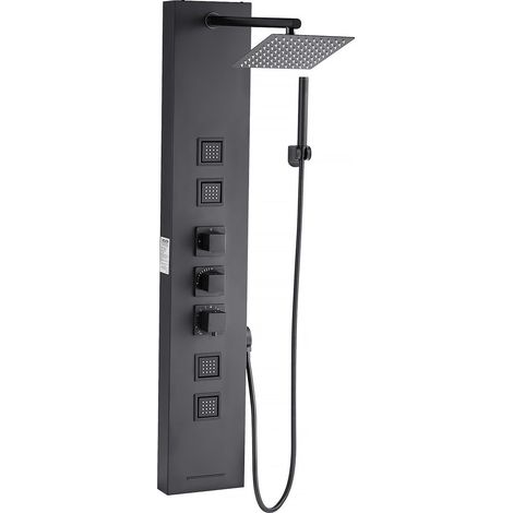 Colonne de douche avec pommeau de douche effet pluie, système de panneau de douchette mural en acier inox brossé, robinet 4 fonctions, avec 4 jets corporels, douchette à main et bec de baignoire (1/5)