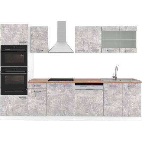 Mueble de cocina R-Line, Hormigón/Blanco, 300 cm con armario alto, ET Roble, Vicco