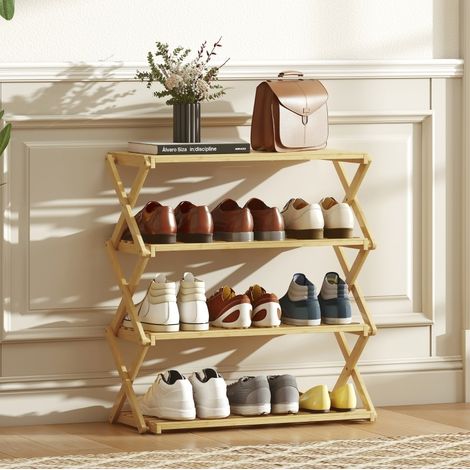 Zapatero 60x29x67 cm color madera natural de bambú con 4 niveles plegable sin montaje (1/5)