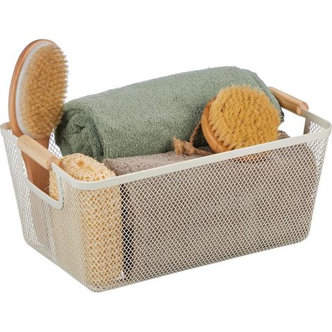 Relaxdays Panier de Rangement, poignées Bois, rectangulaire, Corbeille métal, HxLxP : env. 16,5x37x22,5 cm, déco, (1/5)