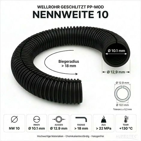 50m PP Wellrohr geschlitzt NW 10 Schwarz Innen-Ø 10,1 mm UV-beständig