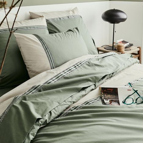 Drap plat en percale de coton à galon géométrique Vert Olive 240x310 cm