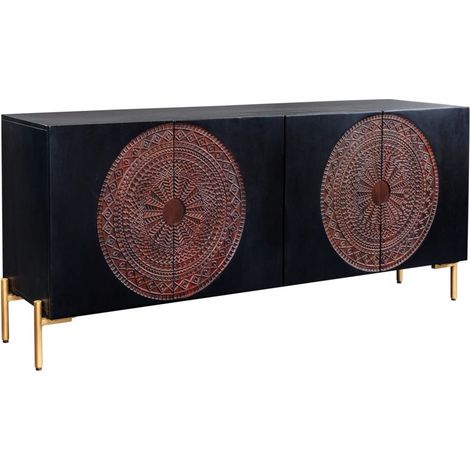 Buffet MAHARA 160 cm en bois de manguier massif – 4 portes sculptées noir, marron et doré (1/5)