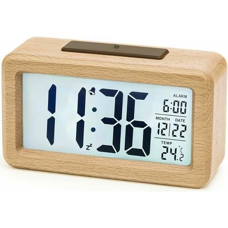 Wooden Digital Alarm Clock, aboveClock LED Alarm Clock, Non-Ticking Digital Clock with Date and Temperature Display, Snooze Function, Battery Powered Digital Clock, 3 AAA Batteries Required (1/4)