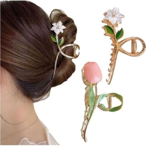 Pinces à Cheveux,Grandes Pinces à Cheveux en Forme de Tulipe et Lys,Barrettes à Cheveux pour Femmes,Pour Cheveux épais,Bouclés (1/4)