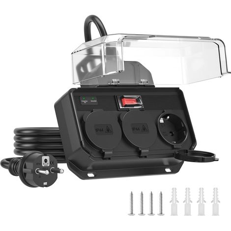 Multiprise Exterieur Étanche IP44,Prise Multiple Murale Etanche Parafoudre Bloc 3 Prises avec Interrupteur de Surcharge 16A,Rallonge Electrique Exterieure,Câble 1.5m Remplaçable,Pour Jardins Cour,Noi (1/5)