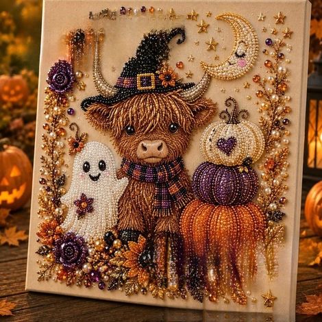 DIY Halloween Raven Pumpkin Handmade Pearl Painting Bedroom Decor Set - Highland Bull - 2020cm (Unframed)