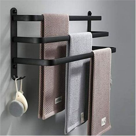 Porte Serviettes Salle de Bains, Noir Barres Porte Serviettes Mural Adhesif pour Douche et Cuisine, Étanche Barres Porte avec Crochet (40cm, Three Bars), Ensoleillé