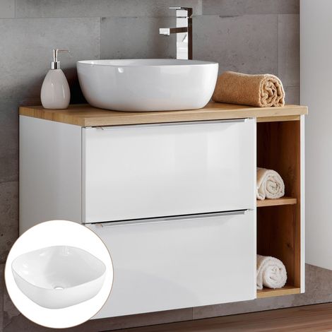 Waschtisch-Unterschrank 80cm mit Keramikbecken TOSKANA-56 in Hochglanz weiß mit Wotaneiche, B/H/T ca. 81/74,5/46 cm (1/5)