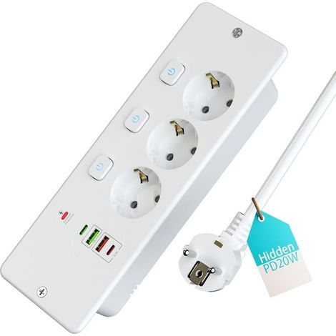 Bloc Encastrable 3 Prises Interrupteurs Multiprise Table 2 USB-A 2 USB-C Protection Contre Surcharges Câble 1,8 m Blanc - (1/5)
