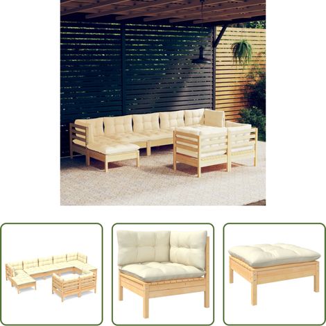 Terrassensofa - 9-tlg. Garten-Lounge-Set mit Creme Kissen Massivholz Kiefer (1/5)
