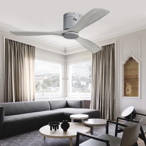 Ventilador de techo empotrable de corriente continua con 3 aspas silenciosas y reversibles de madera tallada, mando a distancia, sin luz, 132 cm. (1/5)
