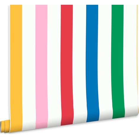 Joules Vliestapete Country Critters Chunky Stripe White / Rainbow 10mx52cm