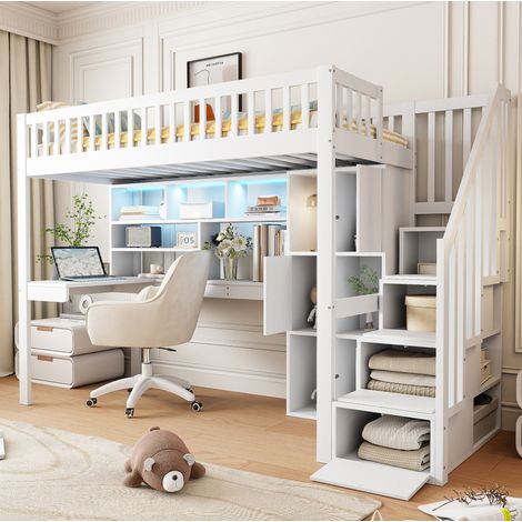 lit enfant mezzanine rangement bureau 90x200 blanc OKMYHOME (1/5)
