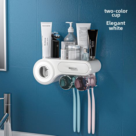 Porte-brosses à dents mural sans perçage, blanc, pour deux personnes, avec presse-tube de dentifrice et gobelet de gargarisme, multifonctionnel (1/5)