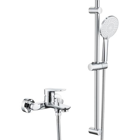 Colonne de Douche avec Mitigeur en Laiton, Ensemble de Douche et Bain avec Douchette 3 Jets, Bec de Baignoire, Barre de Douche Réglable 700mm, Flexible Inox 1.5m, Finition Chrome Anti-Calcaire (1/5)