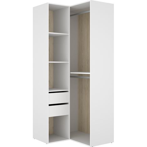 Armoire d'angle dressing ouverte avec penderie de 2 tringles, 4 étagères et 2 tiroirs, coloris blanc/naturel - Hauteur 204,5 x Longueur 84,5 x Profondeur 104,5 cm (1/4)