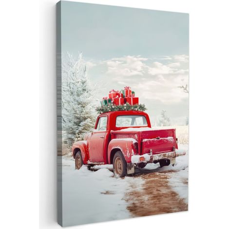 CUADRO EN LIENZO Coche - Rojo - Regalos - Invierno - Nieve - Navidad Decoracion Pared Salon 20x30 cm
