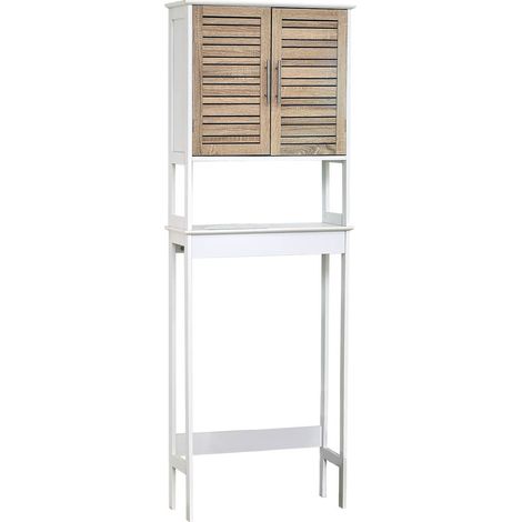 Tendance – Meuble dessus de toilettes WC 2 portes 2 étagères H 179 cm en MDF – Design moderne blanc et chêne vieilli – Autoportant pour optimisation espace