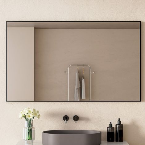 Wandspiegel 100 x 70 cm schwarzer Metallspiegel, kann horizontal oder vertikal aufgehängt werden Schwarz gerahmter Spiegel für das Badezimmer (1/5)