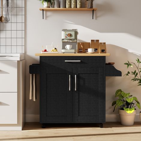 Îlot de Cuisine Roulant avec Tiroir Étagère Ajustable Support à Épices Porte-Serviettes Roues Universelles Verrouillables Noir (1/3)
