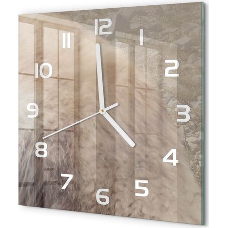 Horloge Murale Carrée Décoration Murale Verre Trempé Design Artistique Loup blanc sur le rocher 30x30 cm (1/5)