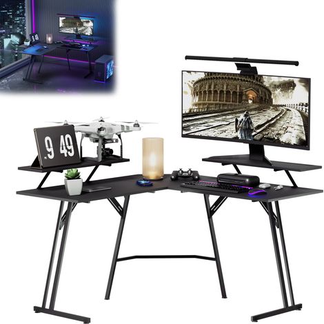 Grande table de jeu Bureau Bureau d'angle Table d'ordinateur en forme de L Table d'ordinateur ergonomique avec coin 120X73x46cm Construction multifonctionnelle robuste (avec supports d'écran) (1/5)