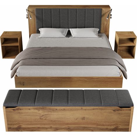 Lit double 160 x 200 cm avec tête de lit relevable, lampes de lecture USB, rangements intégrés, table de chevet et banc coffre, effet bois clair - CHICFURN (1/5)