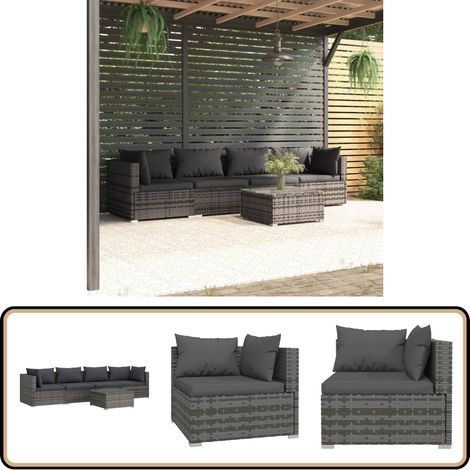 5-tlg. Garten-Lounge-Set mit Kissen Poly Rattan Grau - Gartensitzgruppe - Lounge Set - Gartenmöbeln - Outdoor Möbel - Rattan Gartenmöbel