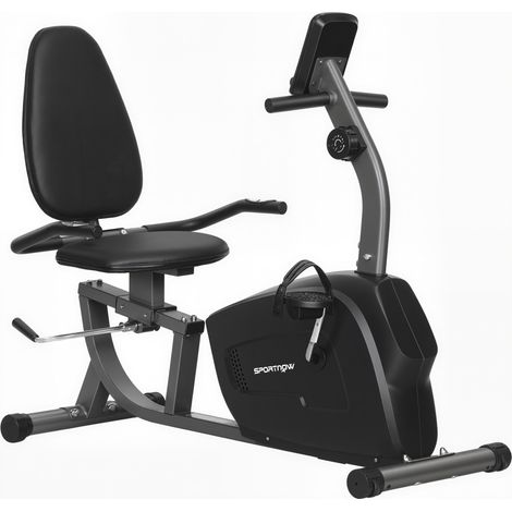 Vélo semi-allongé d'appartement avec roues, résistance magnétique réglable, selle ajustable, cadre noir, dimensions 132x62x100 cm